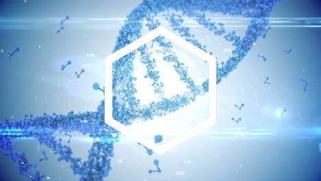 Animation-Von-DNA,-Molekülen-Und-Datenverarbeitung-Auf-Blauem-Hintergrund