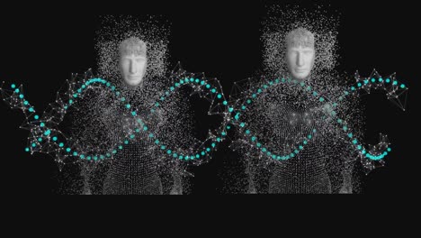 Animation-Des-DNA-Strangs-Und-Datenverarbeitung-Mit-Menschlichen-Körpern,-Die-Aus-Explodierenden-Partikeln-Bestehen