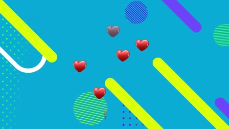 Animation-of-hearts-over-colorful-shapes-on-blue-background