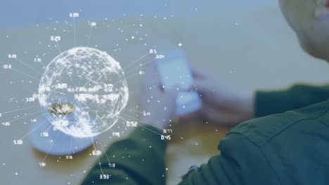 Animation-of-globe-with-connections-over-caucasian-man-using-smartphone