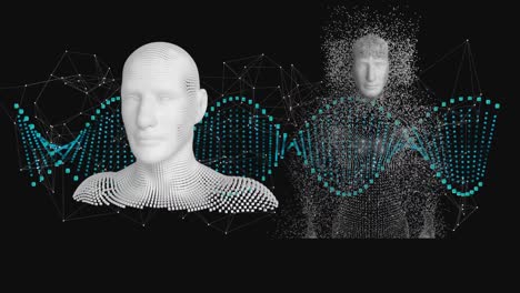 Animation-Des-DNA-Strangs-Und-Datenverarbeitung-Mit-Menschlichen-Körpern,-Die-Aus-Explodierenden-Partikeln-Bestehen