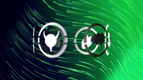 Animation-of-medical-icons-over-green-light-trails-on-black-background