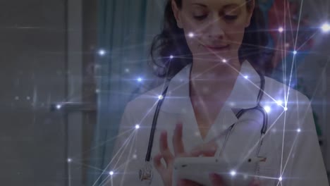Animation-of-network-of-connections-over-caucasian-female-doctor-using-tablet
