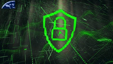 Animation-of-digital-shield-with-padlock-over-green-lines-in-black-space
