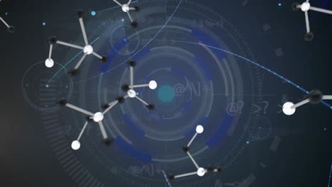 Animation-of-molecules-falling-over-network-of-connections-on-black-background