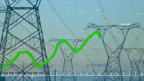 Animation-of-statistics-with-green-line-and-data-processing-over-electric-pylons