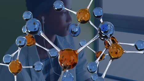 Animation-of-molecules-over-african-american-woman-with-earphones-using-smartphone