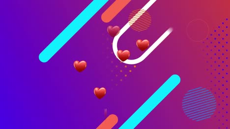 Animation-of-hearts-over-colorful-shapes-on-purple-background