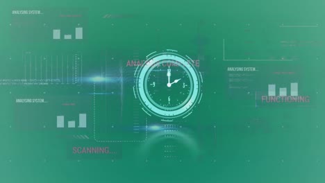 Animation-of-clock-over-digital-screen-with-data-on-green-background