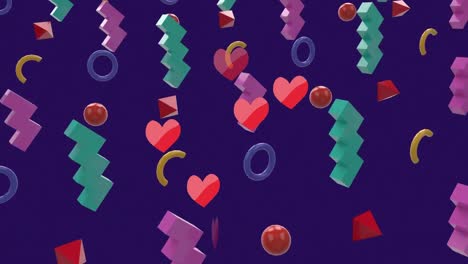 Animation-of-hearts-over-colorful-shapes-on-purple-background
