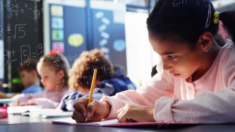 Animation-of-math-formulas-over-focused-biracial-girl-learning-at-school