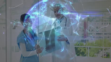 Animation-of-connections-and-globe-over-diverse-female-and-male-doctors-talking