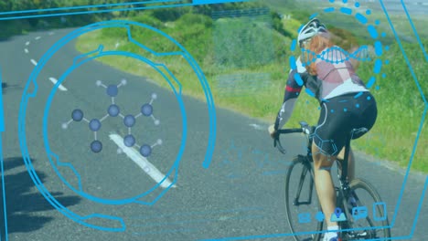 Animation-of-data-processing-over-caucasian-woman-cycling