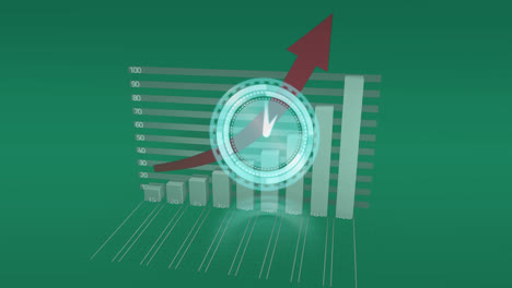 Animation-of-clock-over-graph-and-arrow-on-green-background