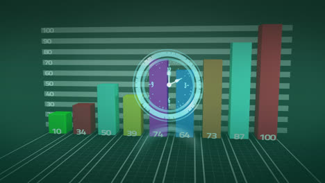 Animation-of-clock-over-graph-on-green-background