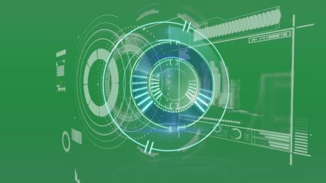Animation-of-processing-circle-over-digital-screen-with-data-on-green-background