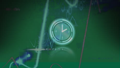 Animation-of-clock-over-graphs-on-green-background
