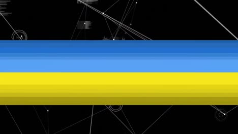 Animation-of-blue-and-yellow-stripes-over-network-of-connections-on-black-background