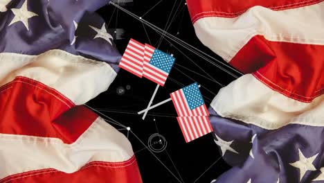 Animation-of-american-flags-over-network-of-connections-on-black-background