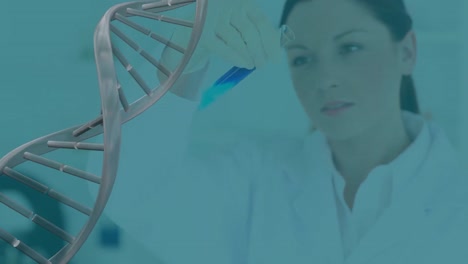 Animation-of-dna-rotating-over-caucasian-female-lab-worker-with-sample