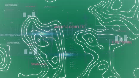 Animation-Von-Isohypsen-über-Digitalem-Bildschirm-Mit-Daten-Auf-Grünem-Hintergrund