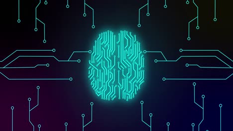 Animation-of-green-glowing-human-brain-with-computer-mother-board-circuit-over-black-background