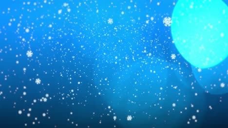 Animation-of-snowflakes-falling-and-spot-lights-on-blue-background