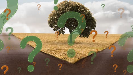 Animation-of-question-marks-over-landscape-with-tree-and-road