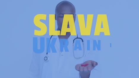 Animation-of-slava-ukraini-text-over-african-american-male-doctor
