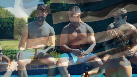 Animation-of-flag-of-greece-over-happy-caucasian-male-friends-having-fun-at-swimming-pool