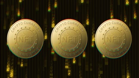 Animation-of-golden-nft-coins-spinning-over-currency-symbols-on-black-background