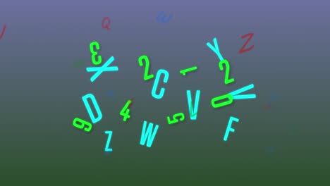Animation-Von-Zahlen-Und-Buchstaben,-Die-über-Einen-Blauen-Bis-Grünen-Hintergrund-Fallen