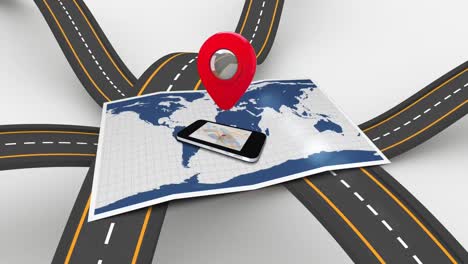 Animation-of-map-and-smartphone-over-roads-on-white-background
