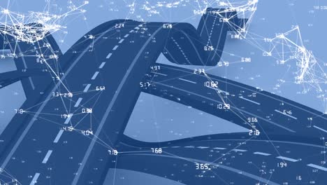 Animation-of-connections-and-coordinates-over-roads-on-blue-background