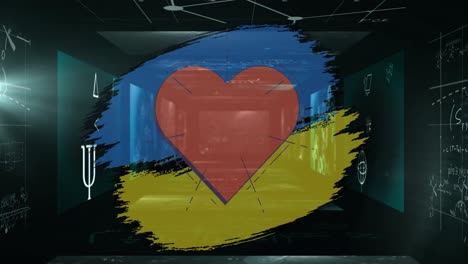 Icono-De-Corazón-Rojo-Sobre-Banner-De-Diseño-De-Bandera-De-Ucrania-Contra-Múltiples-Pantallas-Con-Procesamiento-De-Datos
