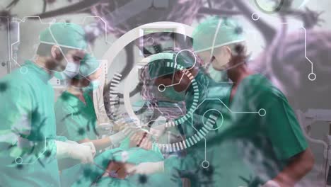 Animation-Von-Scope-Covid-19-Zellen-über-Verschiedene-Chirurgen,-Die-Gesichtsmasken-Im-Operationssaal-Tragen