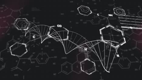 Animation-of-chemical-structures-over-dna-strand-spinning-on-black-background