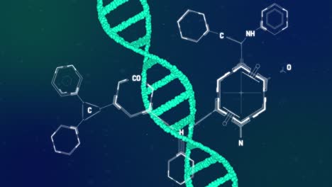 Animation-Chemischer-Strukturen-über-Einem-DNA-Strang,-Der-Sich-Auf-Blauem-Hintergrund-Dreht