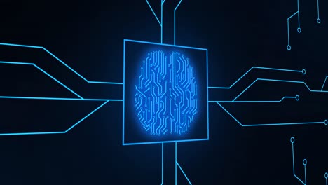 Animation-of-blue-glowing-human-brain-with-computer-mother-board-circuit-over-black-background