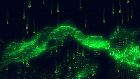 Animation-of-green-binary-coding-data-processing-over-waving-on-black-background