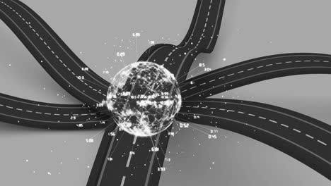 Animation-of-connections-with-globe-over-roads-on-grey-background