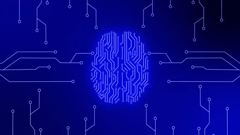 Animation-Eines-Blau-Leuchtenden-Menschlichen-Gehirns-Mit-Computer-Motherboard-Schaltung-Auf-Blauem-Hintergrund