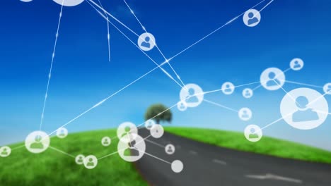 Animation-of-network-of-connections-over-landscape-with-road