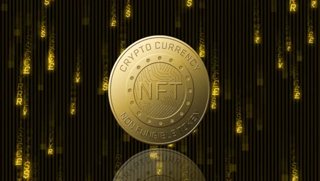Animation-of-golden-nft-coin-spinning-over-currency-symbols-on-black-background