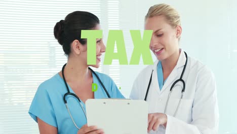 Animation-of-tax-day-over-happy-caucasian-female-doctors-talking