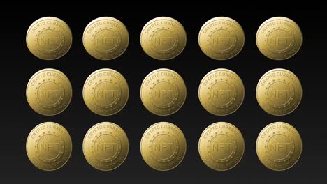 Animation-of-rows-of-golden-nft-coins-spinning-on-black-background