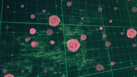 Animation-of-flowers-and-data-processing-over-green-grid