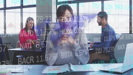 Animation-of-financial-data-over-asian-businesswoman-working-in-office