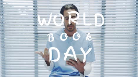 Animation-of-world-book-day-over-caucasian-male-doctor-using-tablet