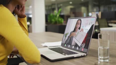 African-american-businesswoman-using-laptop-for-video-call-with-biracial-business-colleague